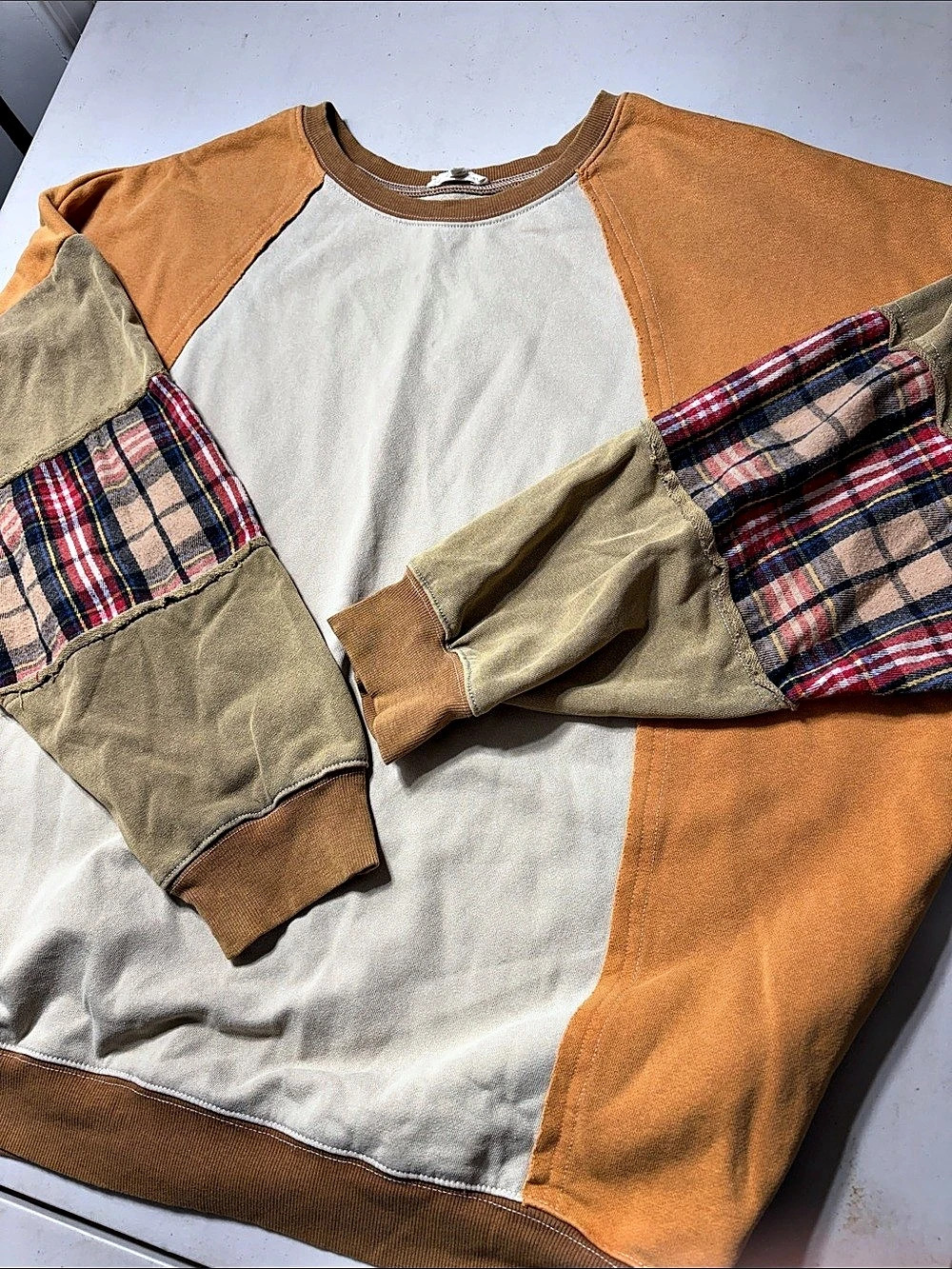 Easel Patchwork Sweatshirt With Inset Flannel Sleeves